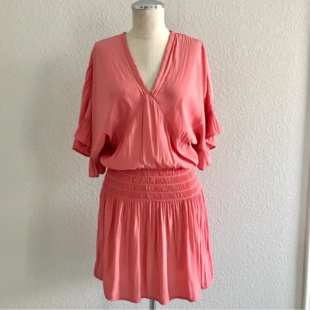 Koch Coral Satin Smocked Waist Mini Dress Size XS Ruffle Short Sleeve V Neck